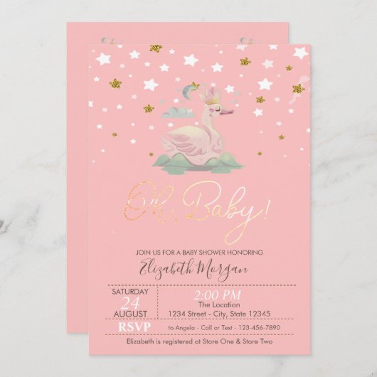 かわいいベビースワンクラウンスターズピンクベビーシャワー 招待状 (正面/裏面)