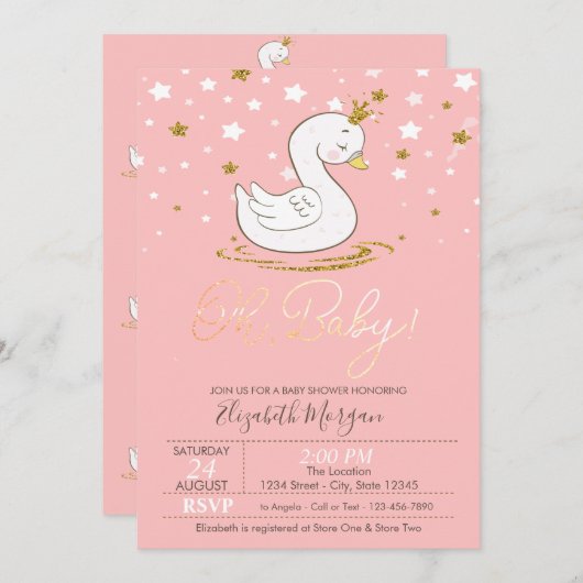 かわいいベビースワンクラウンスターベビーシャワー 招待状 (正面/裏面)