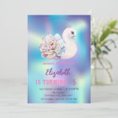 かわいいベビースワンフラワーブルーホログラフィック誕生日 招待状 (スタンド正面)