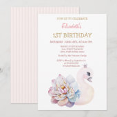 かわいいベビースワン 花柄 ストライプ 誕生日 招待状 (正面/裏面)