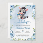かわいいベビーゼブラ水彩青いフローラ緑 招待状 (正面/裏面)