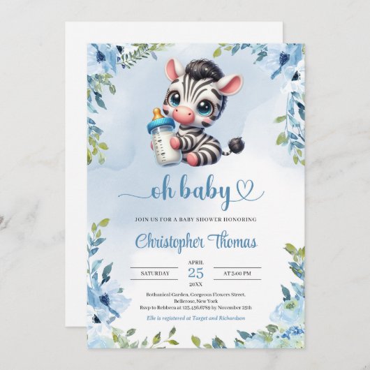 かわいいベビーゼブラ水彩青いフローラ緑 招待状 (正面/裏面)