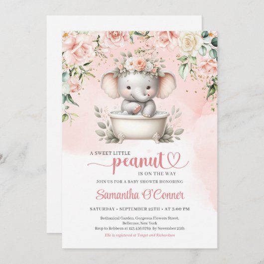 かわいいベビーゾウがシャワーを浴びる 招待状 (正面/裏面)