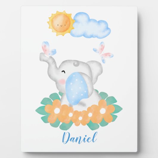 かわいいベビーゾウとオレンジ色の花プラーク フォトプラーク (正面)