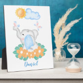 かわいいベビーゾウとオレンジ色の花プラーク フォトプラーク (側面)