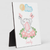 かわいいベビーゾウとピンクの花 フォトプラーク (側面)
