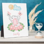 かわいいベビーゾウとピンクの花 フォトプラーク (側面)