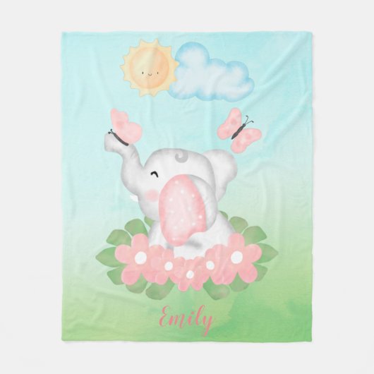 かわいいベビーゾウとピンクの花 フリースブランケット (正面)
