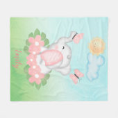 かわいいベビーゾウとピンクの花 フリースブランケット (正面(横))