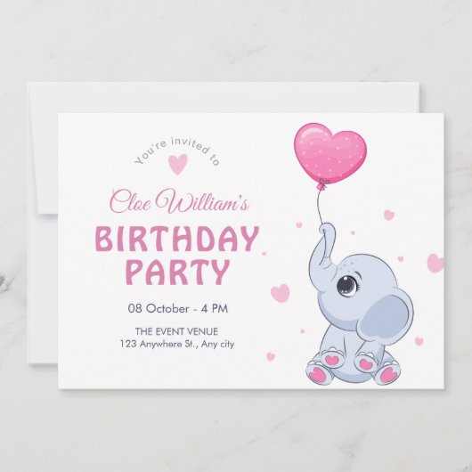 かわいいベビーゾウと気球の誕生日 招待状 (正面)