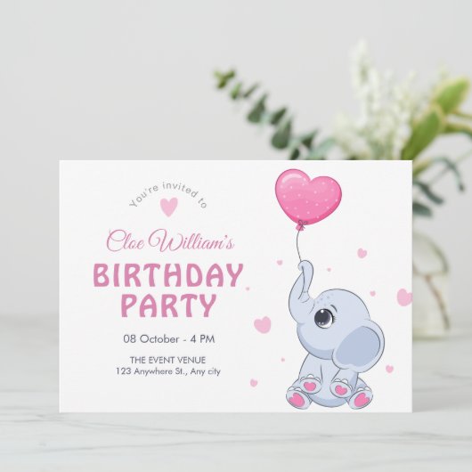 かわいいベビーゾウと気球の誕生日 招待状 (スタンド正面)