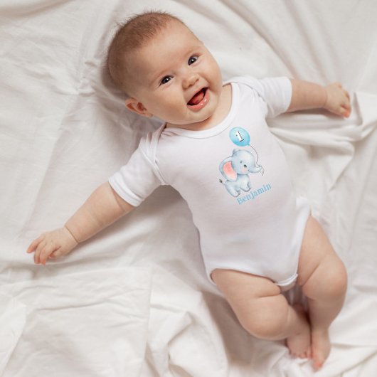 かわいいベビーゾウと気球1歳の誕生日 ベビーボディスーツ