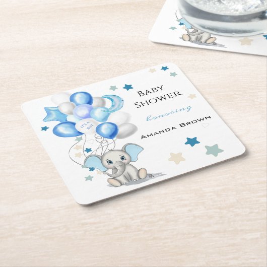 かわいいベビーゾウと風船ボーイベビーシャワー スクエアペーパーコースター (アングル)