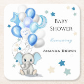 かわいいベビーゾウと風船ボーイベビーシャワー スクエアペーパーコースター (正面)