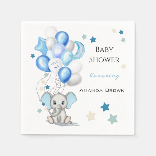 かわいいベビーゾウと風船ボーイベビーシャワー スタンダードカクテルナプキン (正面)