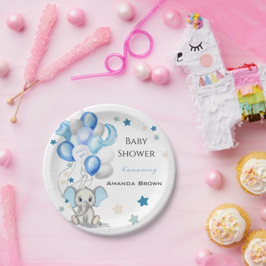 かわいいベビーゾウと風船ボーイベビーシャワー ペーパープレート (パーティー)