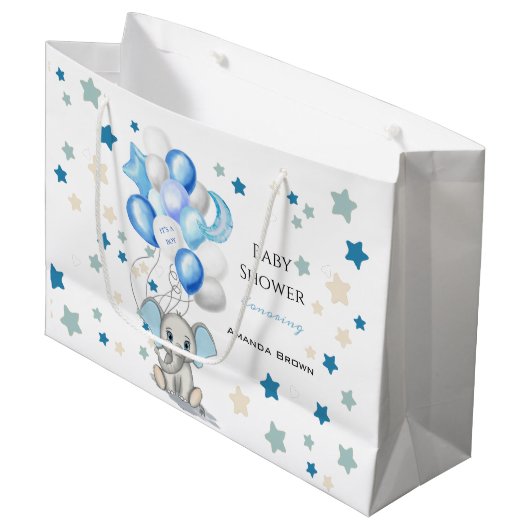 かわいいベビーゾウと風船ボーイベビーシャワー ラージペーパーバッグ (正面アングル)