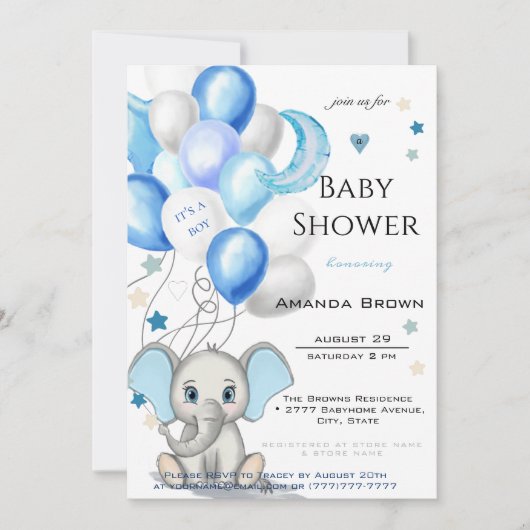 かわいいベビーゾウと風船ボーイベビーシャワー 招待状 (正面)