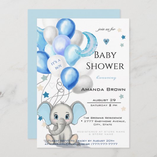 かわいいベビーゾウと風船ボーイベビーシャワー 招待状 (正面/裏面)
