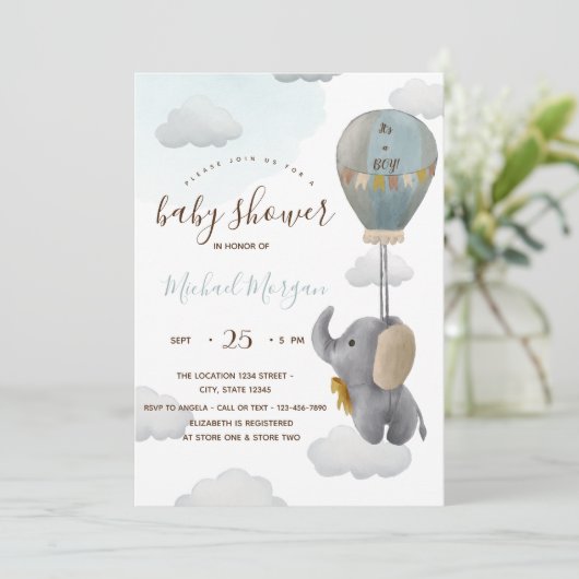 かわいいベビーゾウのバルーンストライプズ赤ちゃんシャワー 招待状 (スタンド正面)