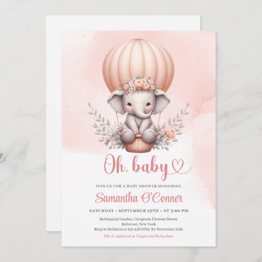 かわいいベビーゾウのピンクのホットエアバルーン女の子 招待状 (正面/裏面)