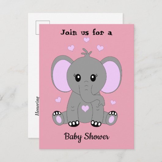 かわいいベビーゾウのピンク色、赤ちゃんシャワー インビテーションポストカード (正面/裏面)