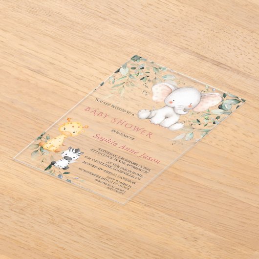 かわいいベビーゾウの友人サファリガール赤ちゃんシャワー アクリル招待状 (レイダウン)