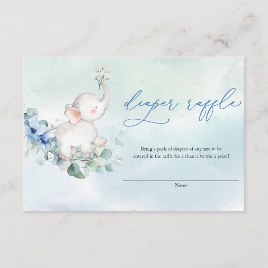 かわいいベビーゾウほこりっぽいブルーフローラおむつラッフル エンクロージャーカード (正面)