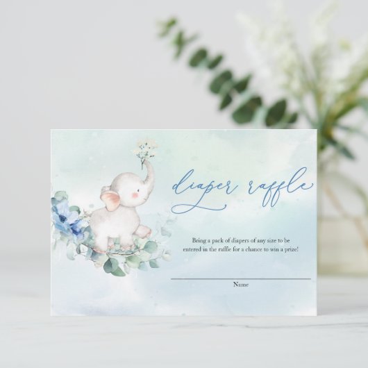 かわいいベビーゾウほこりっぽいブルーフローラおむつラッフル エンクロージャーカード (スタンド正面)
