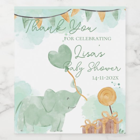 かわいいベビーゾウをテーマにした赤ちゃんシャワーありがとう ワインラベル (シングルラベル)