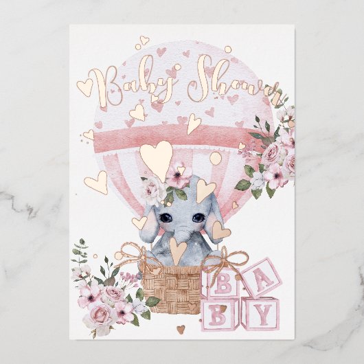 かわいいベビーゾウフローラピンクローズ 箔招待状 (正面)
