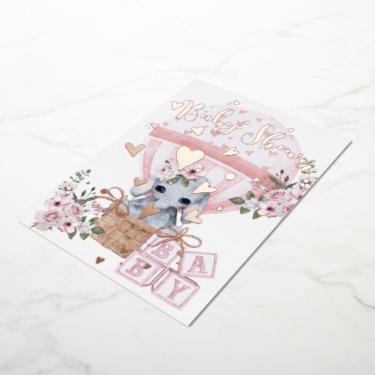 かわいいベビーゾウフローラピンクローズ 箔招待状 (回転した状態)