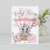 かわいいベビーゾウフローラピンクローズ 箔招待状 (立ち正面)