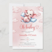 かわいいベビーゾウベビークリブピンクとブルー 招待状 (正面)