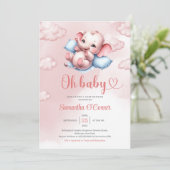 かわいいベビーゾウベビークリブピンクとブルー 招待状 (スタンド正面)
