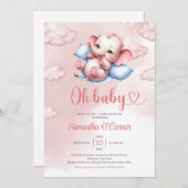 かわいいベビーゾウベビークリブピンクとブルー 招待状 (正面/裏面)