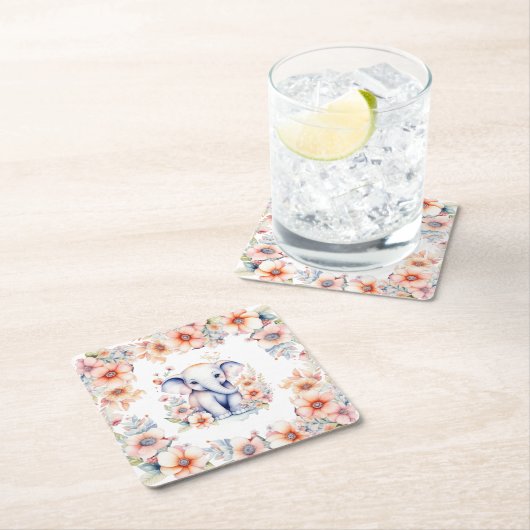 かわいいベビーゾウ女の子の赤ちゃんシャワー スクエアペーパーコースター (インサイチュ)