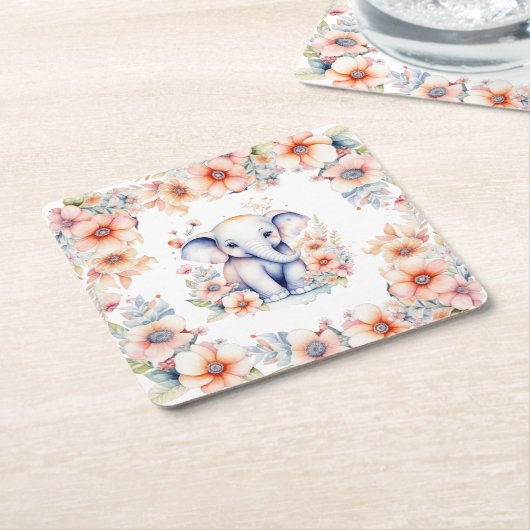 かわいいベビーゾウ女の子の赤ちゃんシャワー スクエアペーパーコースター (アングル)