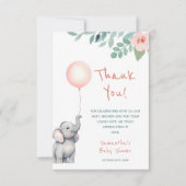 かわいいベビーゾウ女の子ピンクバルーンベビーシャワー サンキューカード (正面)