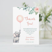 かわいいベビーゾウ女の子ピンクバルーンベビーシャワー サンキューカード (スタンド正面)