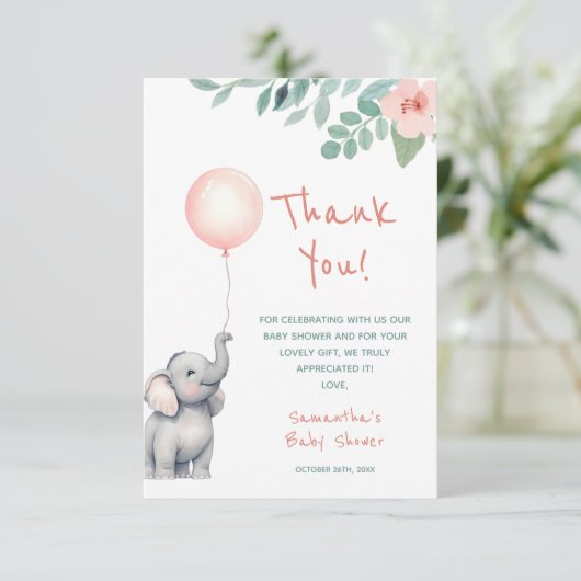 かわいいベビーゾウ女の子ピンクバルーンベビーシャワー サンキューカード (スタンド正面)