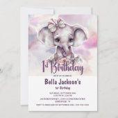 かわいいベビーゾウ女の子1st誕生日パーティー 招待状 (正面)