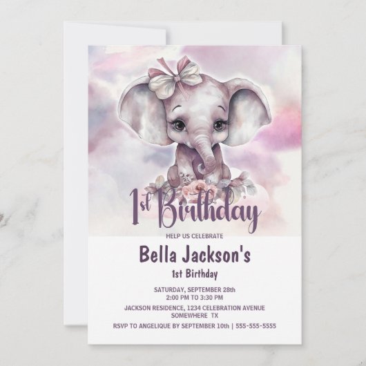 かわいいベビーゾウ女の子1st誕生日パーティー 招待状 (正面)