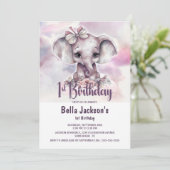 かわいいベビーゾウ女の子1st誕生日パーティー 招待状 (スタンド正面)