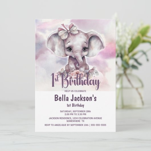 かわいいベビーゾウ女の子1st誕生日パーティー 招待状 (スタンド正面)