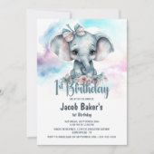 かわいいベビーゾウ少年1歳の誕生日パーティー 招待状 (正面)