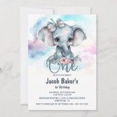 かわいいベビーゾウ少年1歳の誕生日パーティー 招待状 (正面)