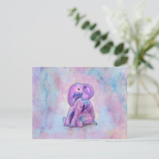 かわいいベビーゾウ水のカラーパステル ポストカード (スタンド正面)