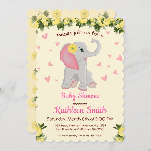 かわいいベビーゾウ水の色のフローラ赤ちゃんシャワー 招待状 (正面/裏面)