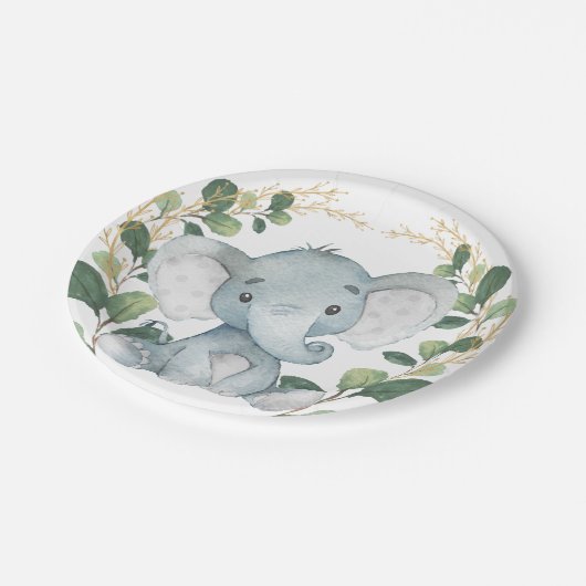 かわいいベビーゾウ水彩緑の金ゴールドパーティー ペーパープレート (アングル)